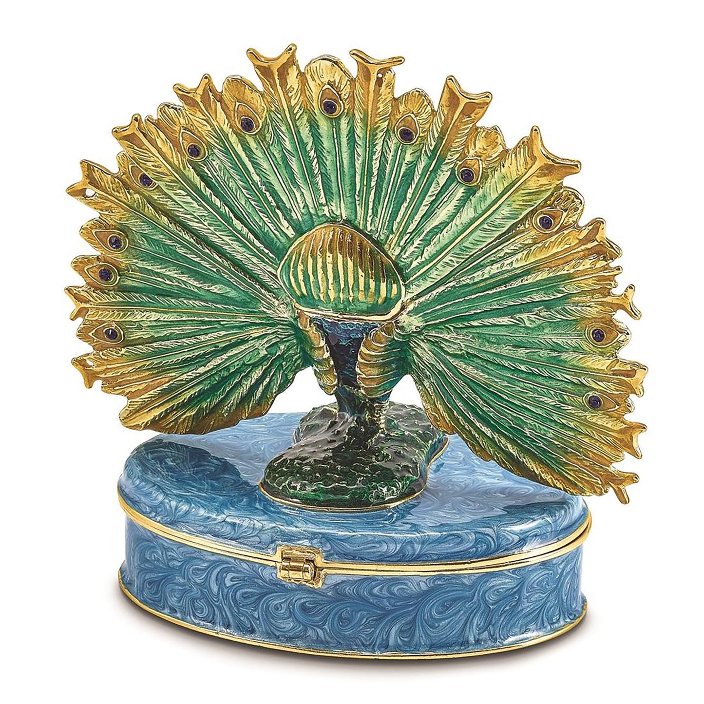 Pewter Bejeweled Crystals Gold-Tone Enameled Pero Peacock On Oval Trinket Container Bejeweled Trinket Box with Matching 18 Inch Necklace, Hand Painted Enameled Collectible Gift
