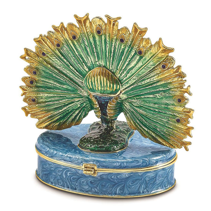 Jere Luxury Giftware Pewter Bejeweled Crystals Gold-Tone Enameled Pero Peacock On Oval Trinket Container w Matching 18 Inch Necklace