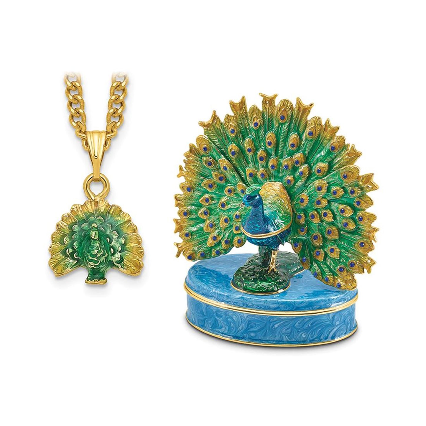 Pewter Bejeweled Crystals Gold-Tone Enameled Pero Peacock On Oval Trinket Container Bejeweled Trinket Box with Matching 18 Inch Necklace, Hand Painted Enameled Collectible Gift