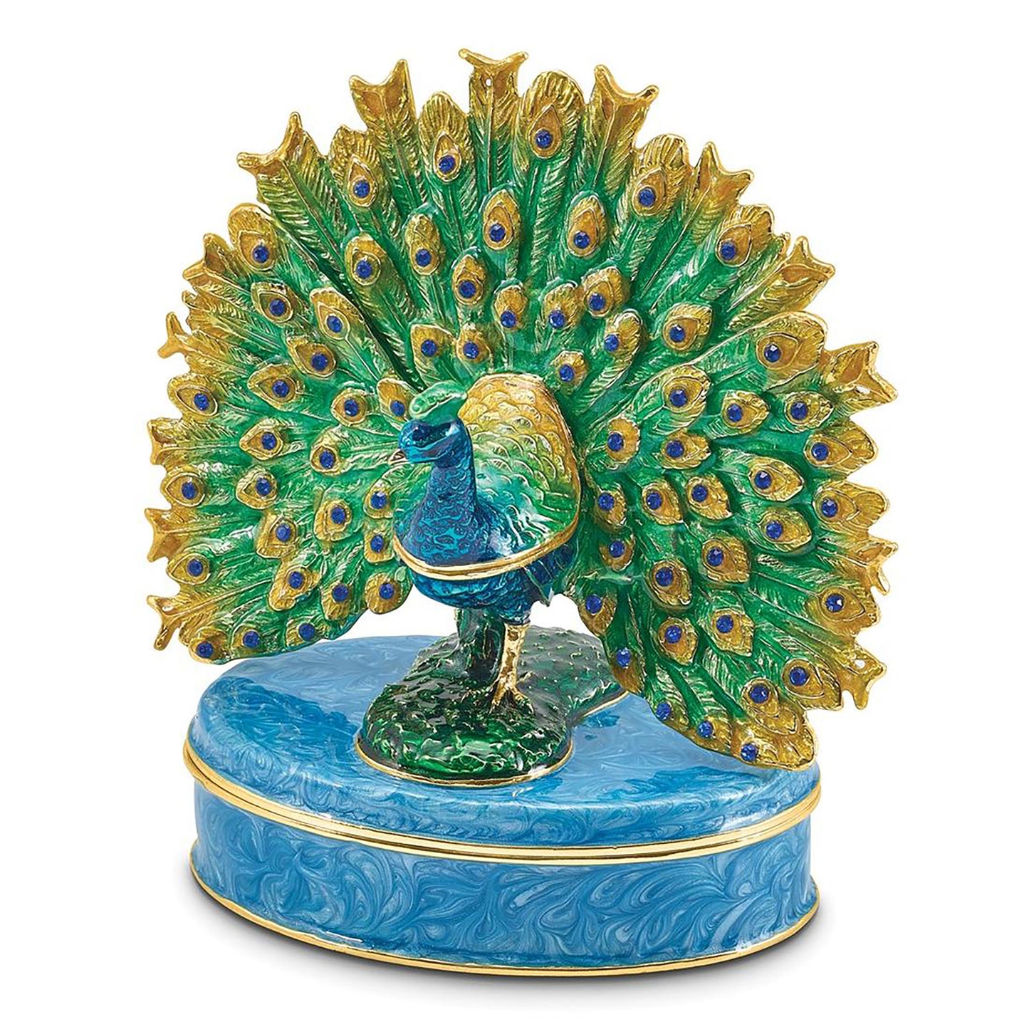 Pewter Bejeweled Crystals Gold-Tone Enameled Pero Peacock On Oval Trinket Container Bejeweled Trinket Box with Matching 18 Inch Necklace, Hand Painted Enameled Collectible Gift