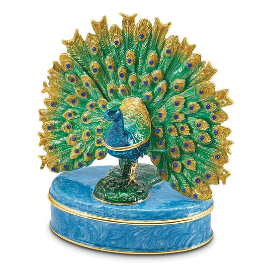 Pewter Bejeweled Crystals Gold-Tone Enameled Pero Peacock On Oval Trinket Container Bejeweled Trinket Box with Matching 18 Inch Necklace, Hand Painted Enameled Collectible Gift
