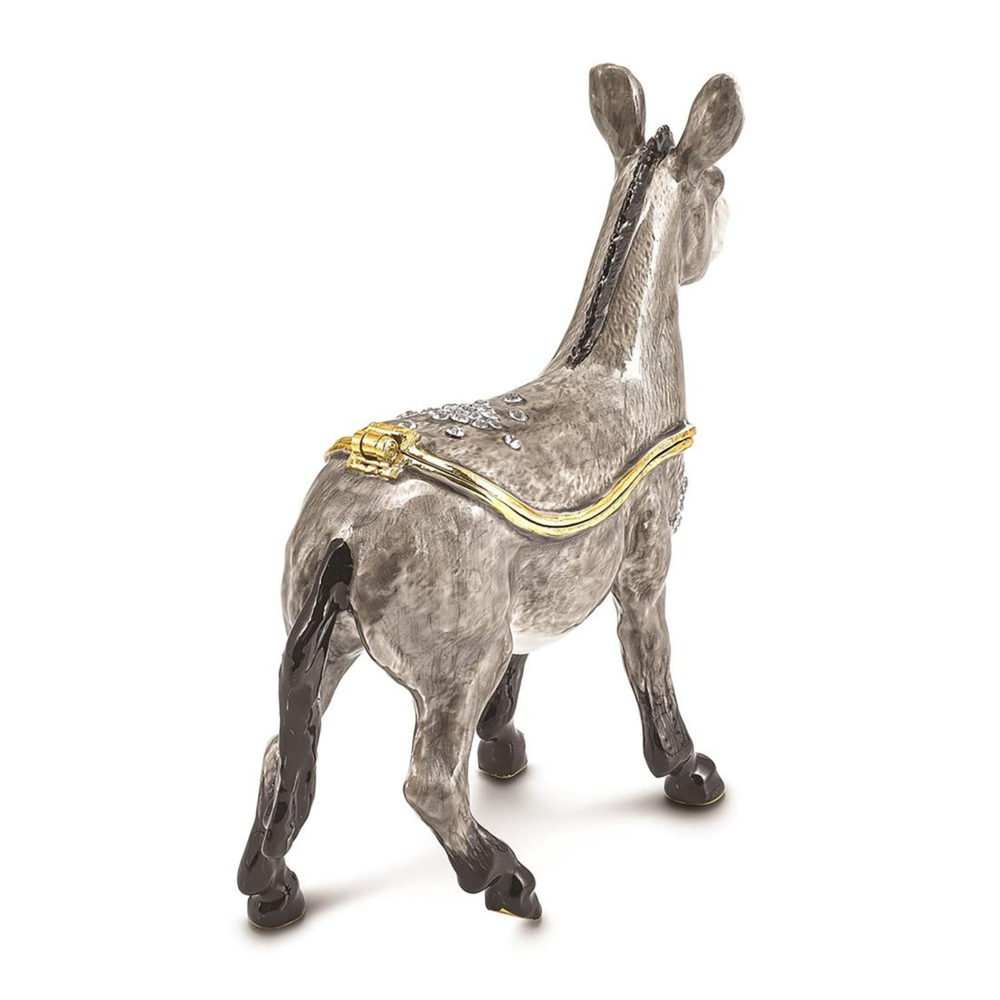 Pewter Bejeweled Crystals Gold-Tone Enameled Feisty Gray Donkey Trinket Container Bejeweled Trinket Box with Matching 18 Inch Necklace, Hand Painted Enameled Collectible Gift