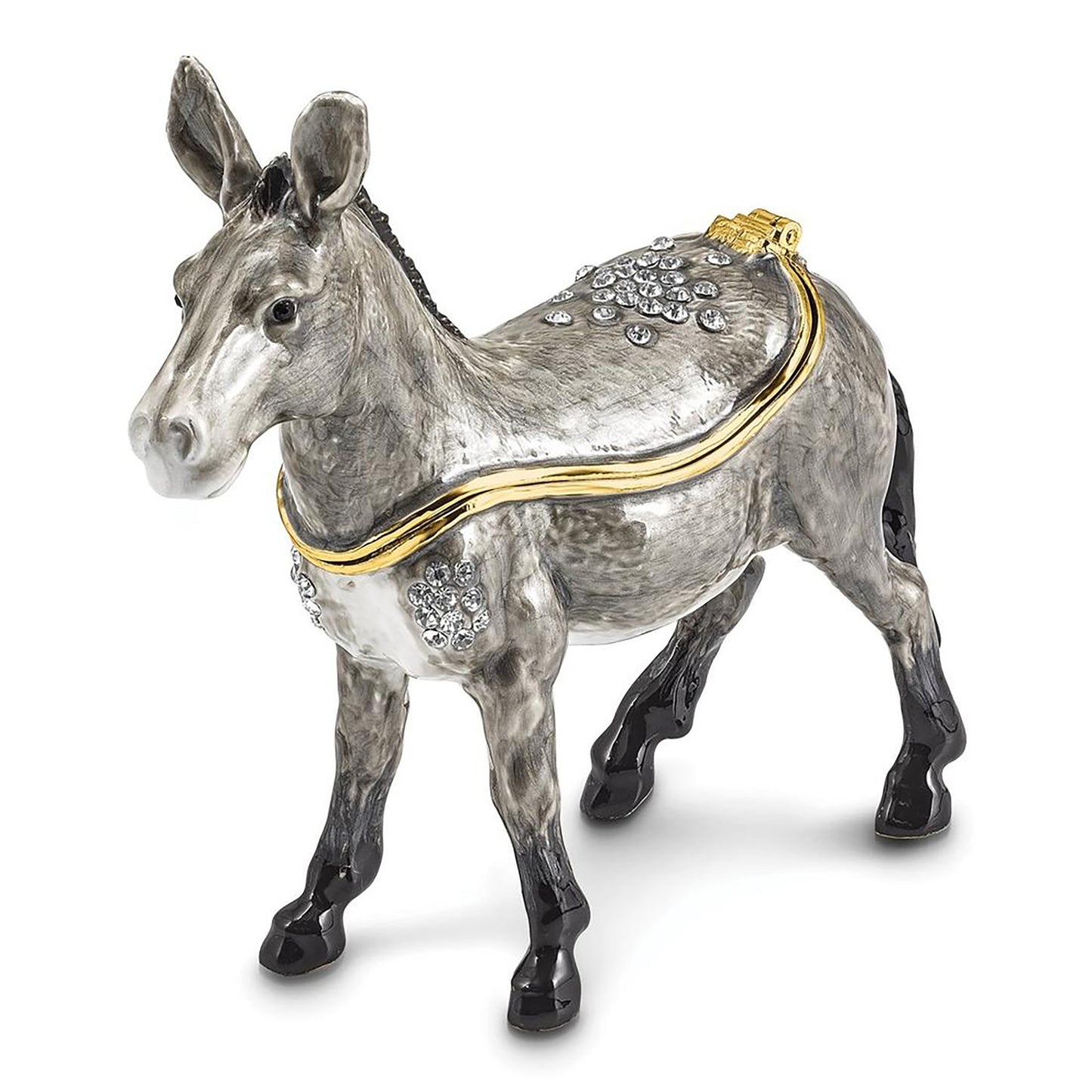 Pewter Bejeweled Crystals Gold-Tone Enameled Feisty Gray Donkey Trinket Container Bejeweled Trinket Box with Matching 18 Inch Necklace, Hand Painted Enameled Collectible Gift