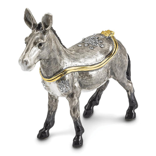 Pewter Bejeweled Crystals Gold-Tone Enameled Feisty Gray Donkey Trinket Container Bejeweled Trinket Box with Matching 18 Inch Necklace, Hand Painted Enameled Collectible Gift
