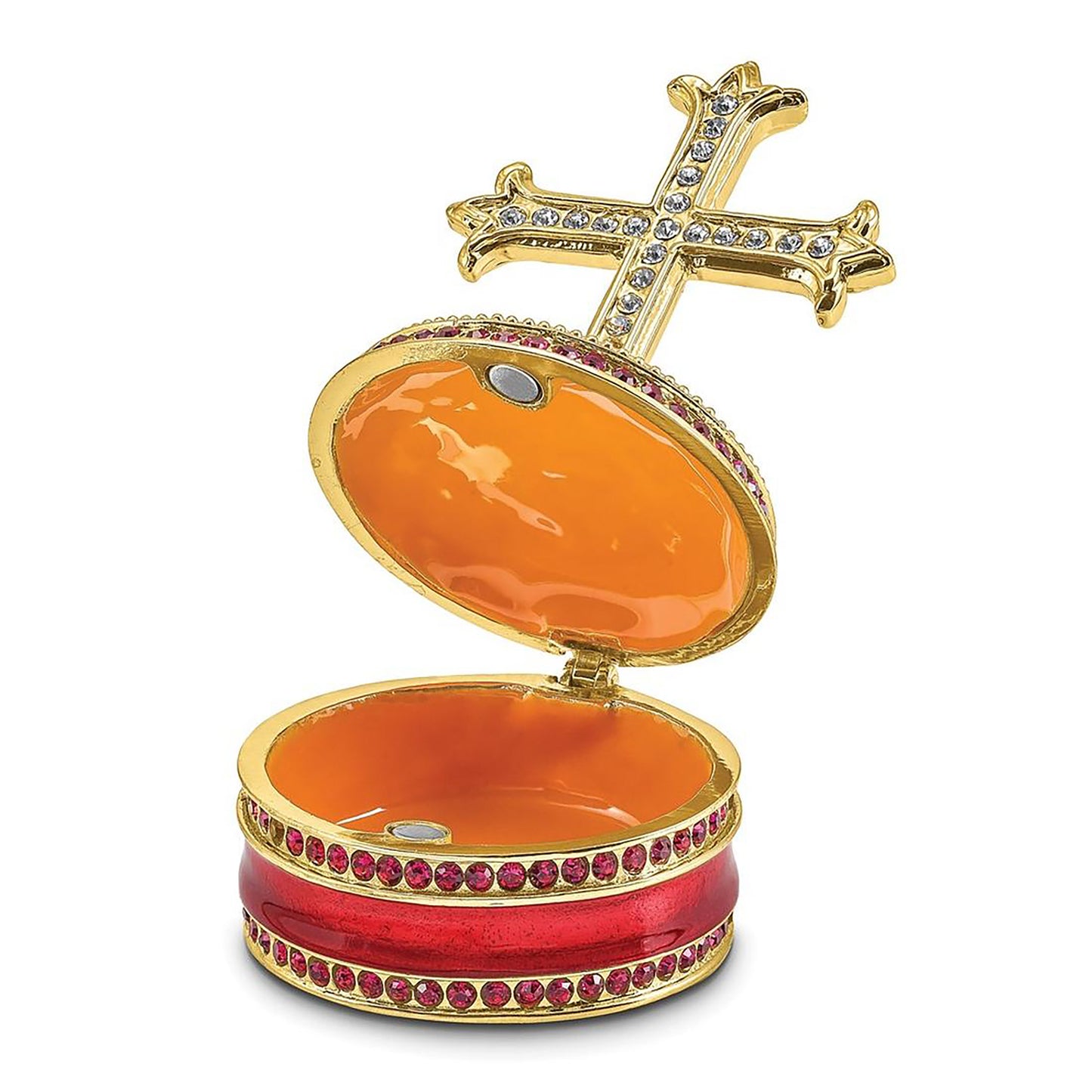 Pewter Bejeweled Crystals Gold-Tone Enameled Reverence Cross On Round Trinket Container Bejeweled Trinket Box with Matching 18 Inch Necklace, Hand Painted Enameled Collectible Gift