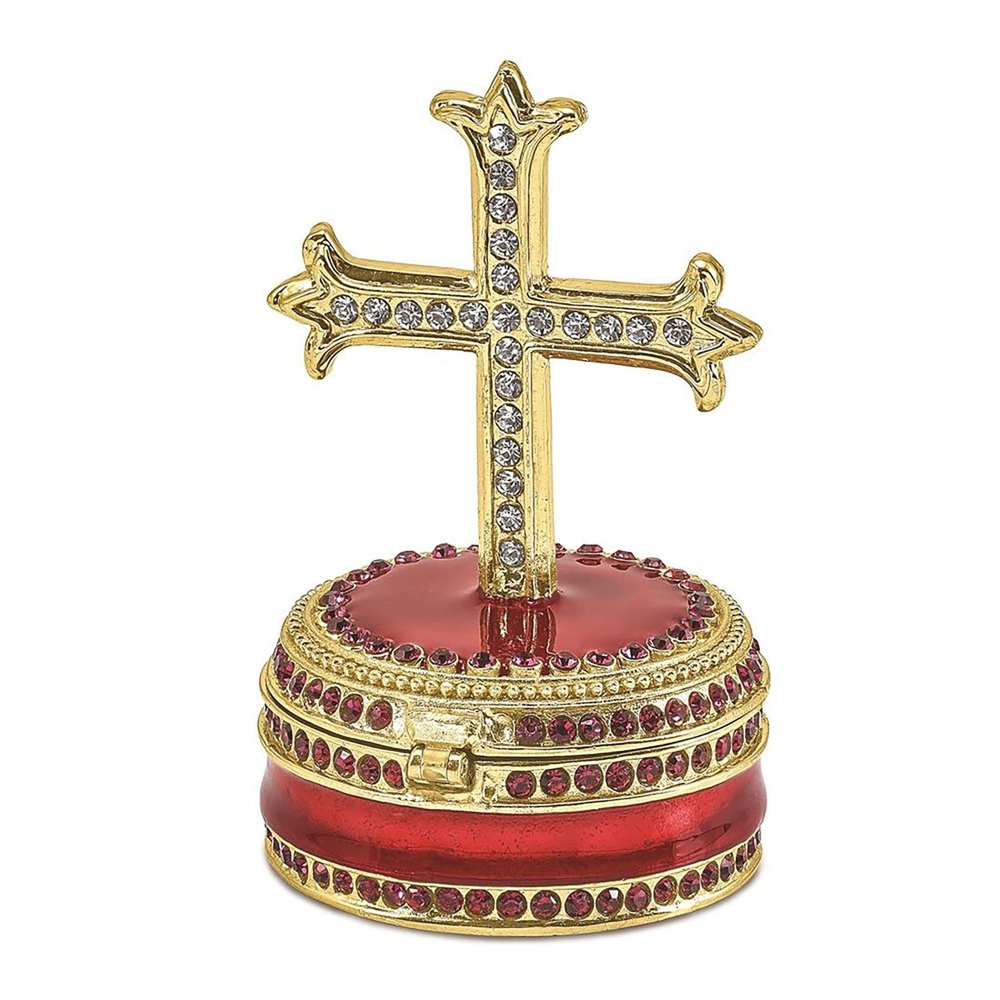 Pewter Bejeweled Crystals Gold-Tone Enameled Reverence Cross On Round Trinket Container Bejeweled Trinket Box with Matching 18 Inch Necklace, Hand Painted Enameled Collectible Gift