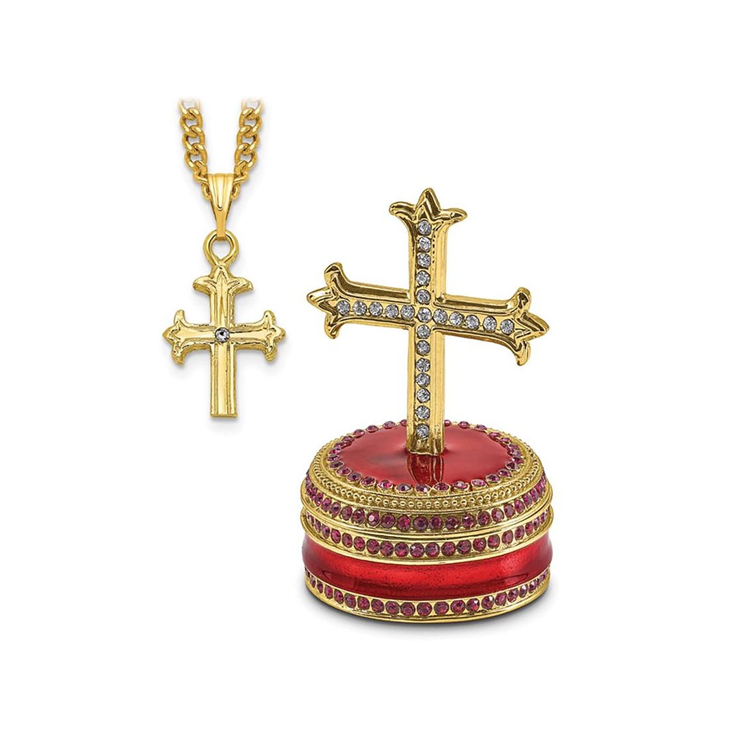 Pewter Bejeweled Crystals Gold-Tone Enameled Reverence Cross On Round Trinket Container Bejeweled Trinket Box with Matching 18 Inch Necklace, Hand Painted Enameled Collectible Gift