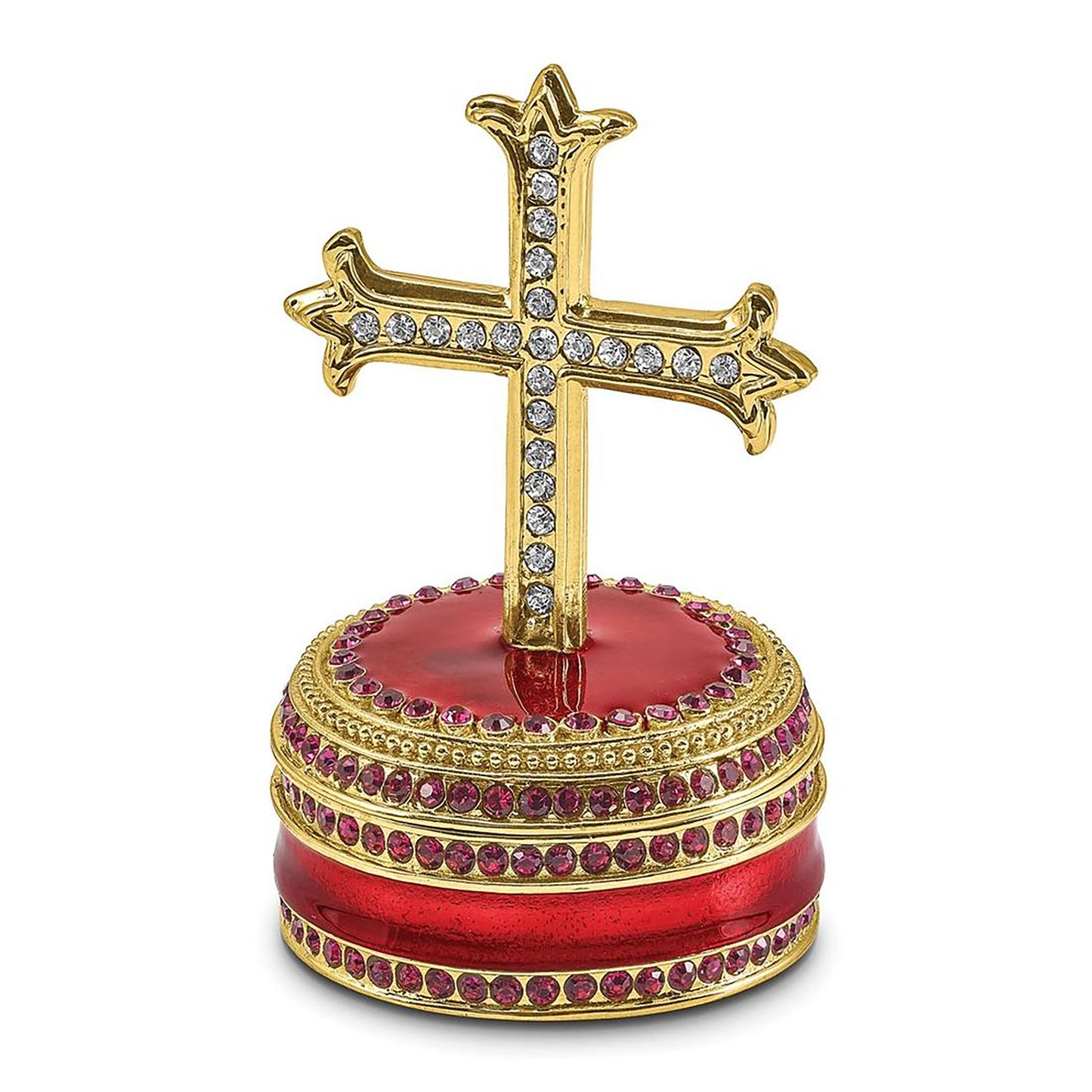 Pewter Bejeweled Crystals Gold-Tone Enameled Reverence Cross On Round Trinket Container Bejeweled Trinket Box with Matching 18 Inch Necklace, Hand Painted Enameled Collectible Gift