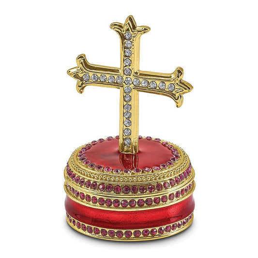 Pewter Bejeweled Crystals Gold-Tone Enameled Reverence Cross On Round Trinket Container Bejeweled Trinket Box with Matching 18 Inch Necklace, Hand Painted Enameled Collectible Gift