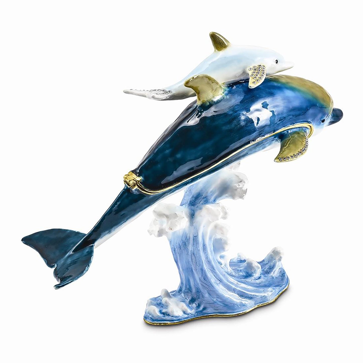 Pewter Bejeweled Crystals Gold-Tone Enameled Donovan And Donny Dolphins Trinket Container Bejeweled Trinket Box with Matching 18 Inch Necklace, Hand Painted Enameled Collectible Gift