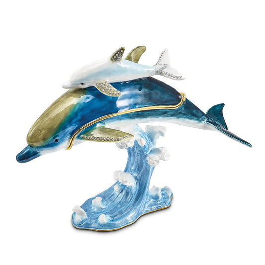 Pewter Bejeweled Crystals Gold-Tone Enameled Donovan And Donny Dolphins Trinket Container Bejeweled Trinket Box with Matching 18 Inch Necklace, Hand Painted Enameled Collectible Gift