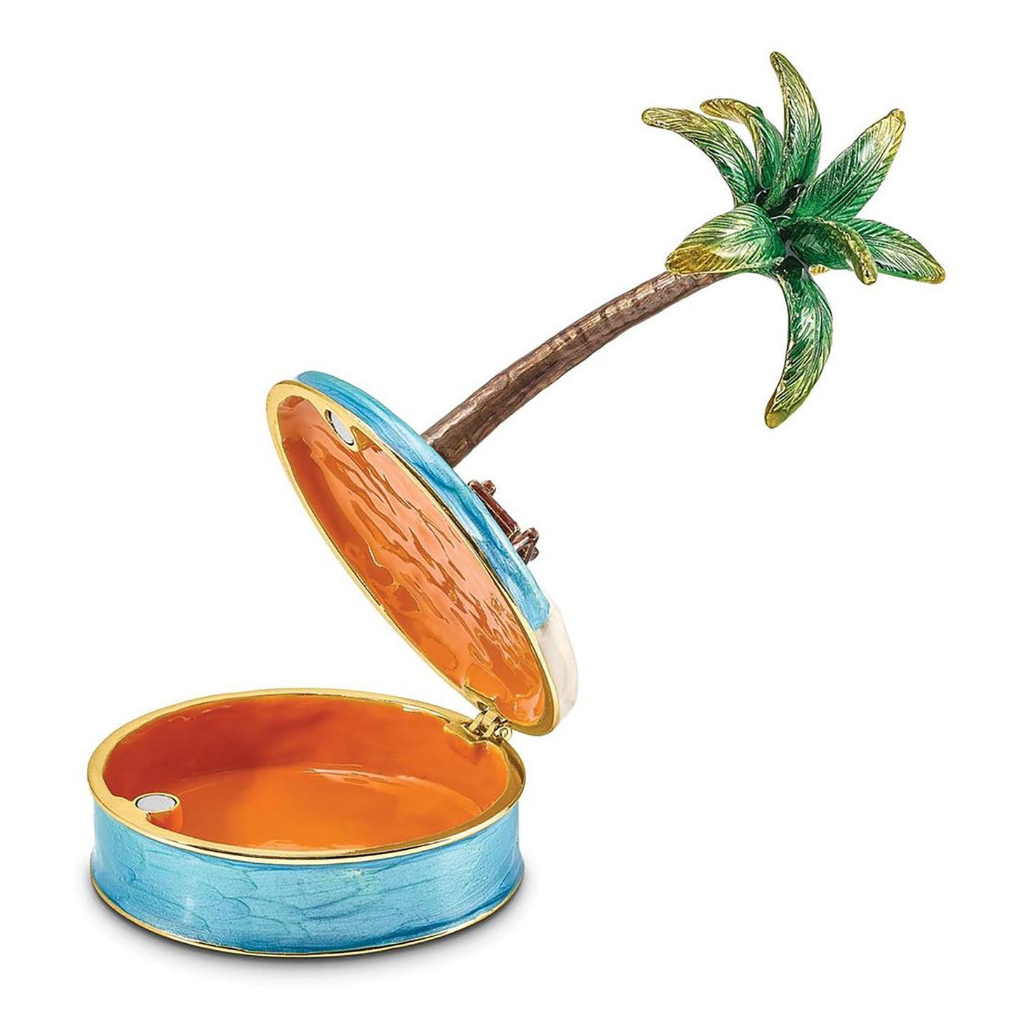 Pewter Bejeweled Crystals Gold-Tone Enameled Relax Palm Tree And Chair Trinket Container Bejeweled Trinket Box with Matching 18 Inch Necklace, Hand Painted Enameled Collectible Gift