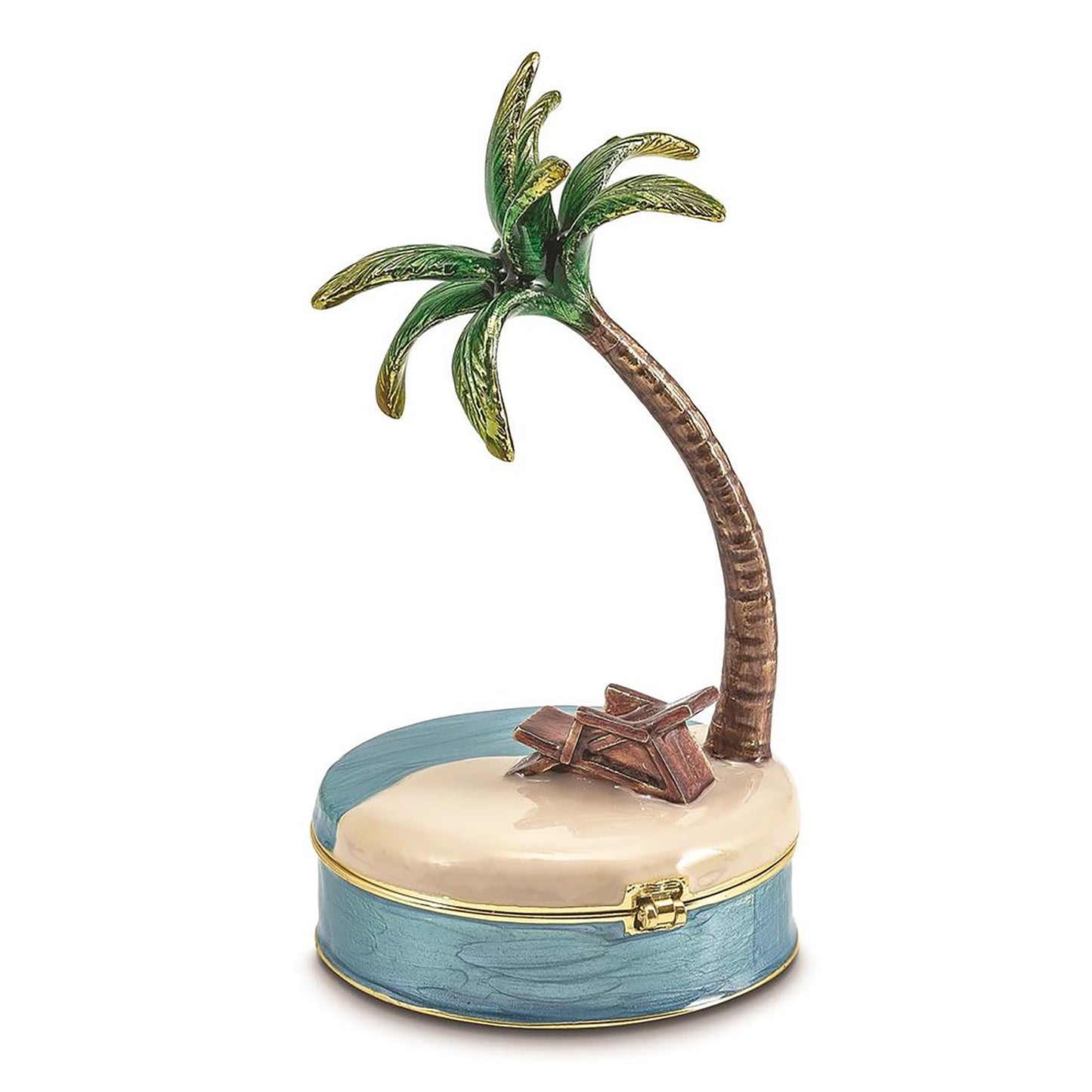 Pewter Bejeweled Crystals Gold-Tone Enameled Relax Palm Tree And Chair Trinket Container Bejeweled Trinket Box with Matching 18 Inch Necklace, Hand Painted Enameled Collectible Gift