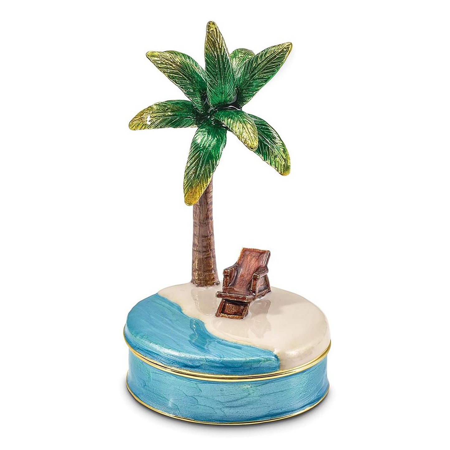 Pewter Bejeweled Crystals Gold-Tone Enameled Relax Palm Tree And Chair Trinket Container Bejeweled Trinket Box with Matching 18 Inch Necklace, Hand Painted Enameled Collectible Gift