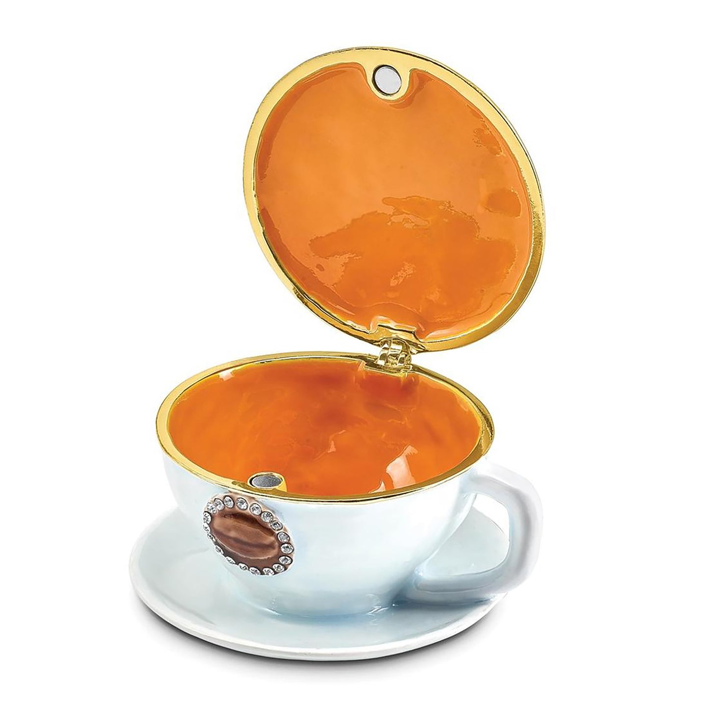 Pewter Bejeweled Crystals Gold-Tone Enameled Caf� Coffee Cup Trinket Container Bejeweled Trinket Box with Matching 18 Inch Necklace, Hand Painted Enameled Collectible Gift