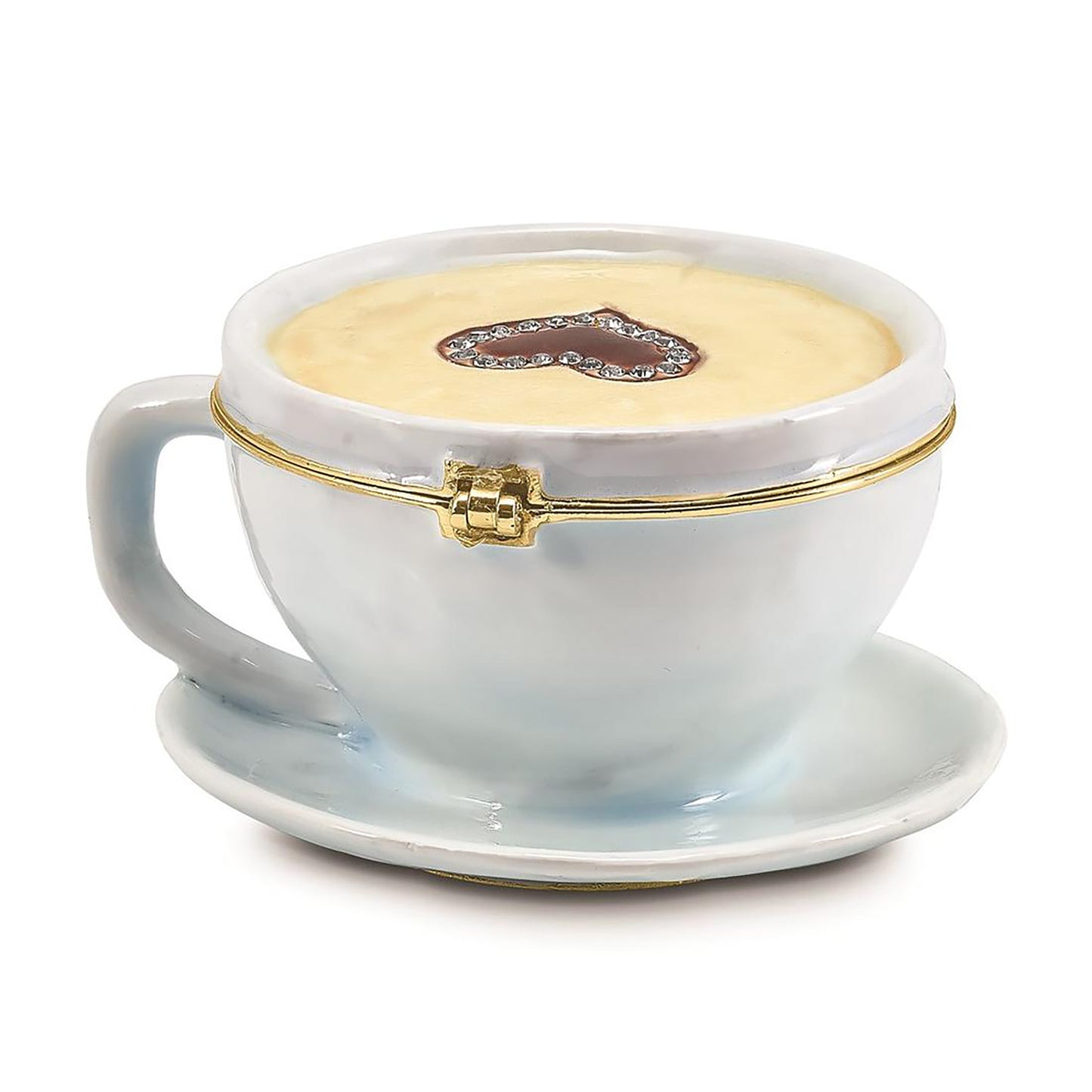 Pewter Bejeweled Crystals Gold-Tone Enameled Caf� Coffee Cup Trinket Container Bejeweled Trinket Box with Matching 18 Inch Necklace, Hand Painted Enameled Collectible Gift