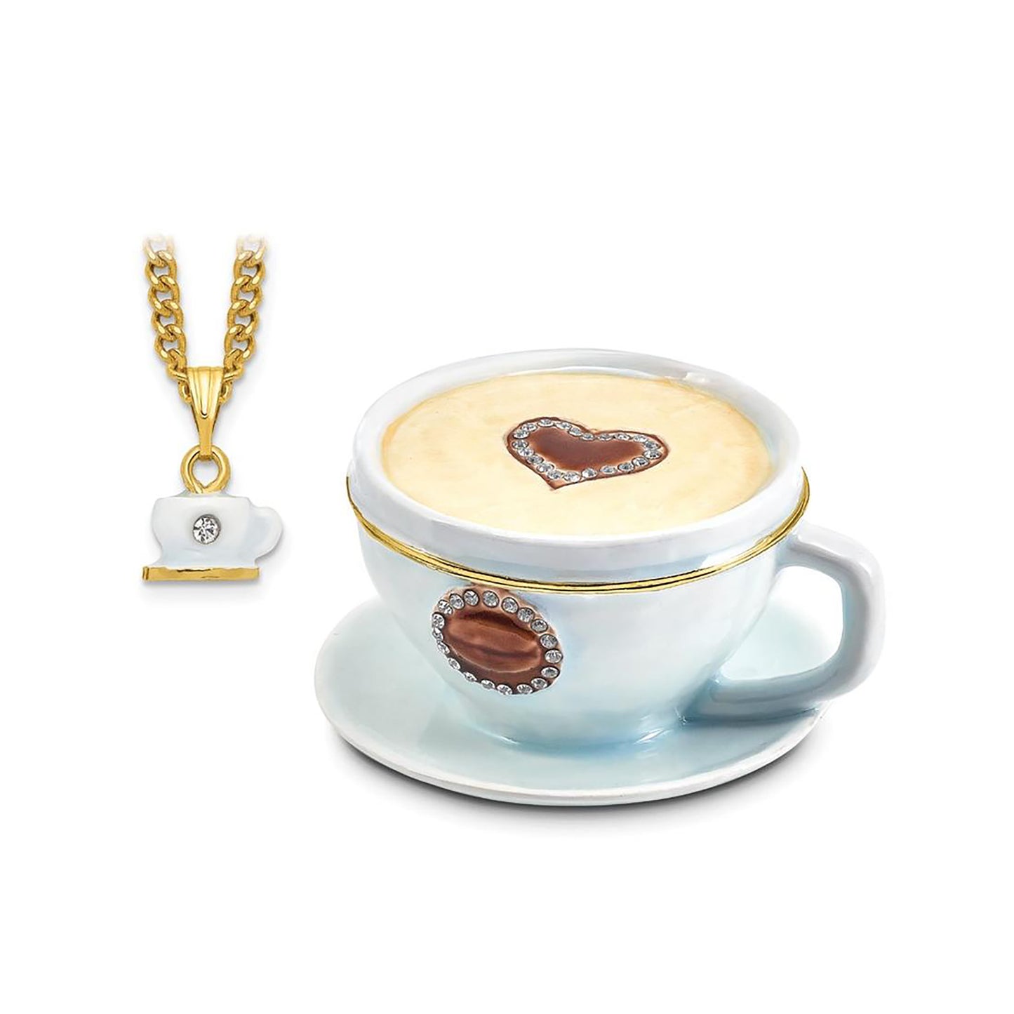 Pewter Bejeweled Crystals Gold-Tone Enameled Caf� Coffee Cup Trinket Container Bejeweled Trinket Box with Matching 18 Inch Necklace, Hand Painted Enameled Collectible Gift