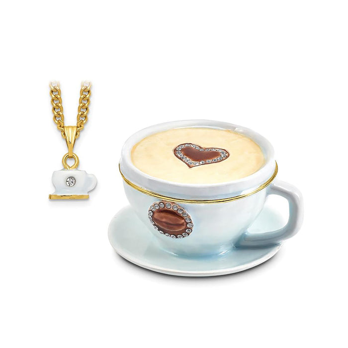 Jere Luxury Giftware Pewter Bejeweled Crystals Gold-Tone Enameled Caf� Coffee Cup Trinket Container w Matching 18 Inch Necklace