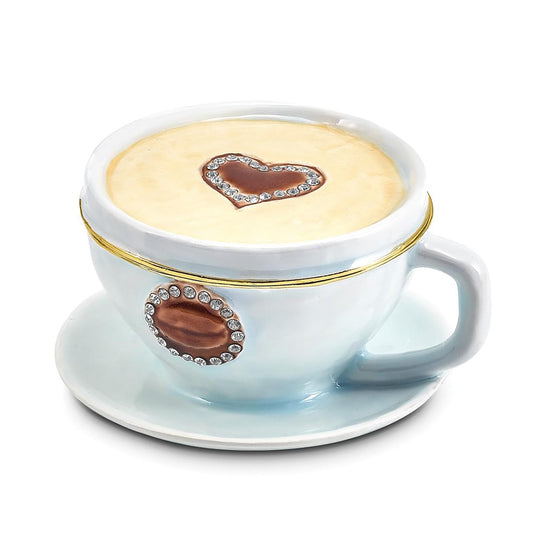 Pewter Bejeweled Crystals Gold-Tone Enameled Caf� Coffee Cup Trinket Container Bejeweled Trinket Box with Matching 18 Inch Necklace, Hand Painted Enameled Collectible Gift