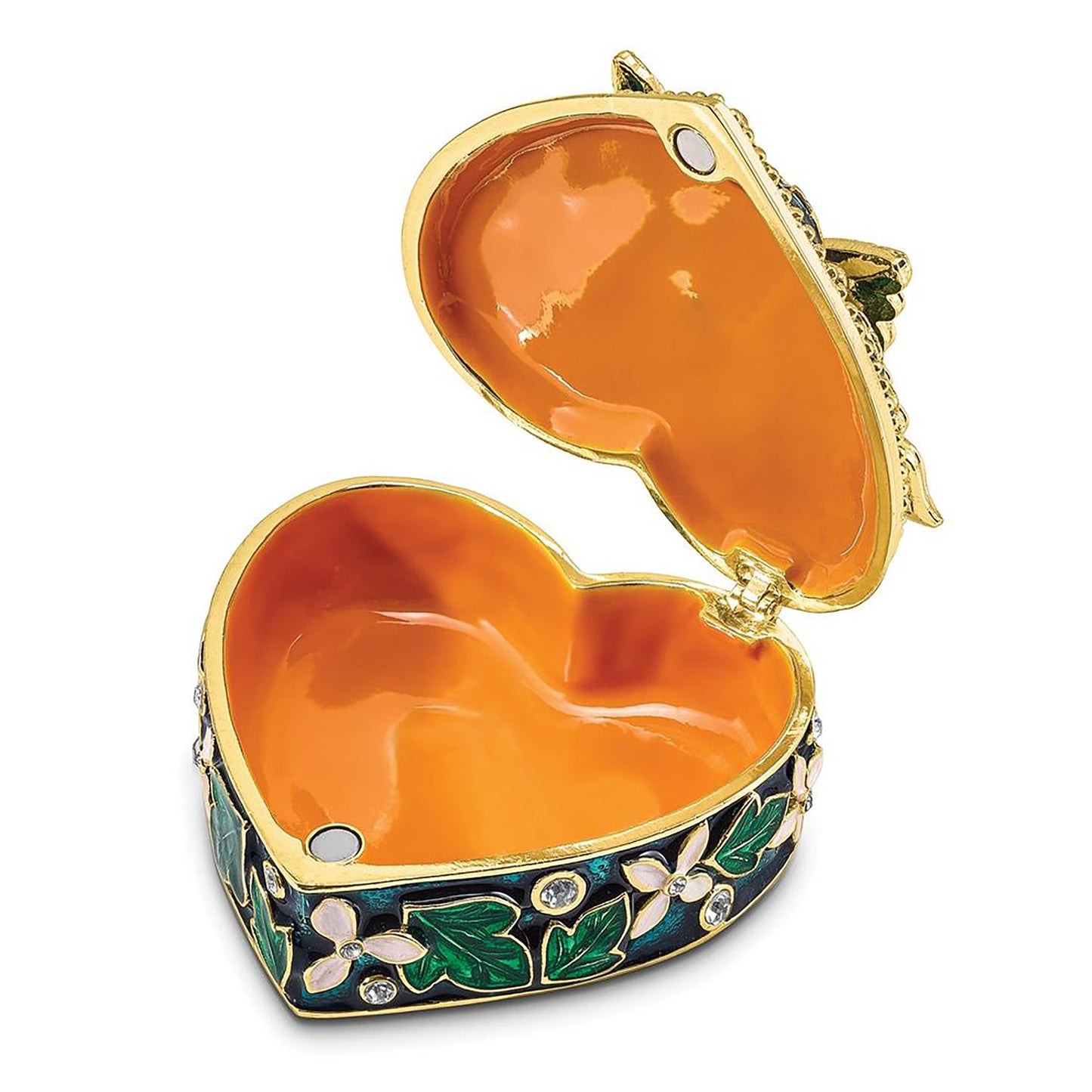 Pewter Bejeweled Crystals Gold-Tone Enameled Blush Pink Butterfly On Heart Trinket Container Bejeweled Trinket Box with Matching 18 Inch Necklace, Hand Painted Enameled Collectible Gift