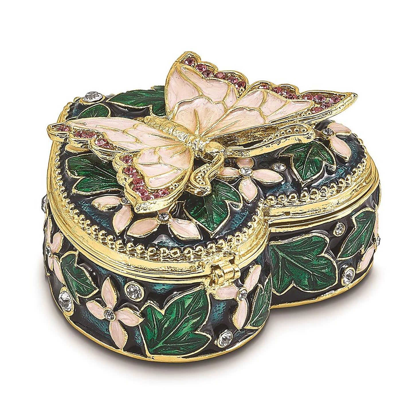 Pewter Bejeweled Crystals Gold-Tone Enameled Blush Pink Butterfly On Heart Trinket Container Bejeweled Trinket Box with Matching 18 Inch Necklace, Hand Painted Enameled Collectible Gift