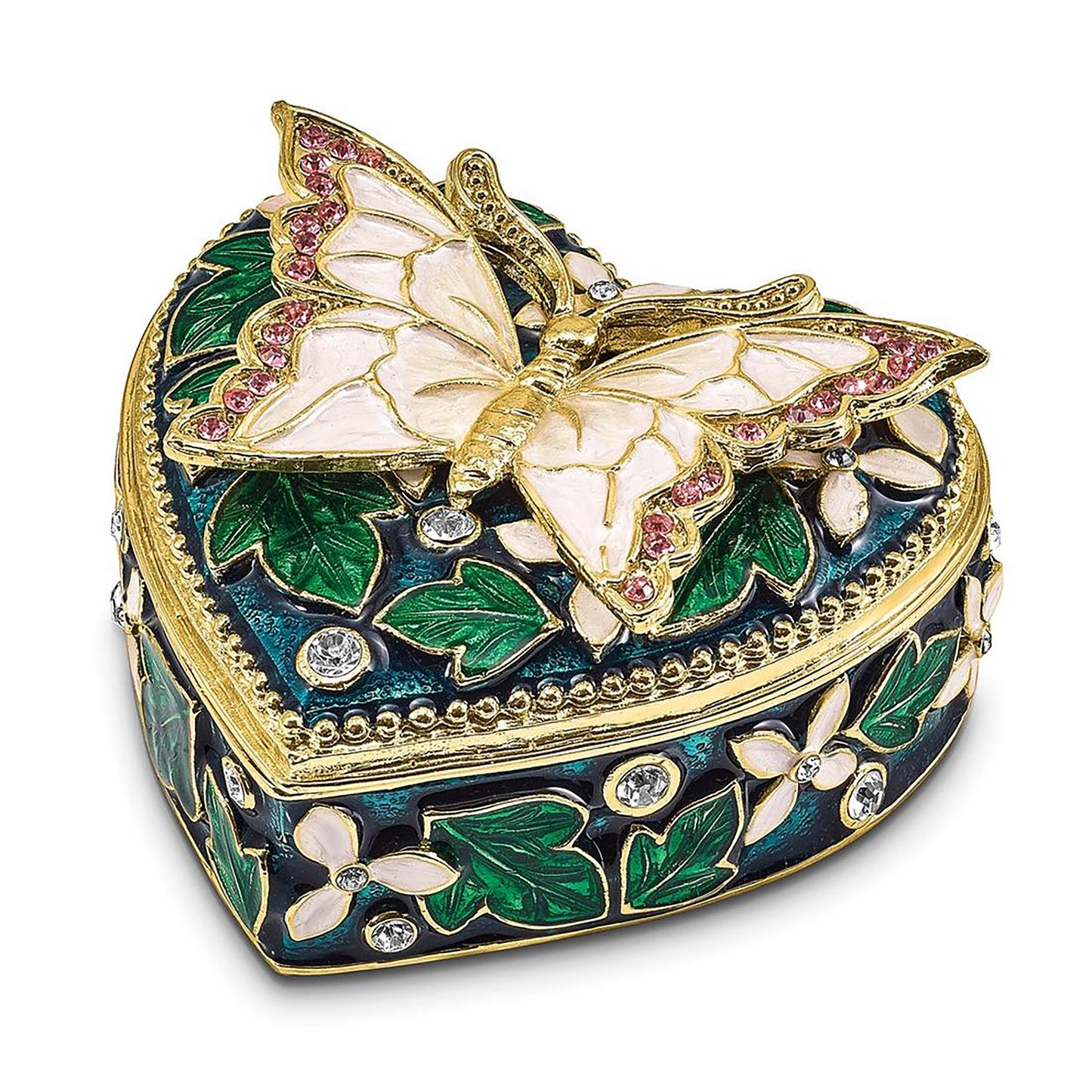 Pewter Bejeweled Crystals Gold-Tone Enameled Blush Pink Butterfly On Heart Trinket Container Bejeweled Trinket Box with Matching 18 Inch Necklace, Hand Painted Enameled Collectible Gift