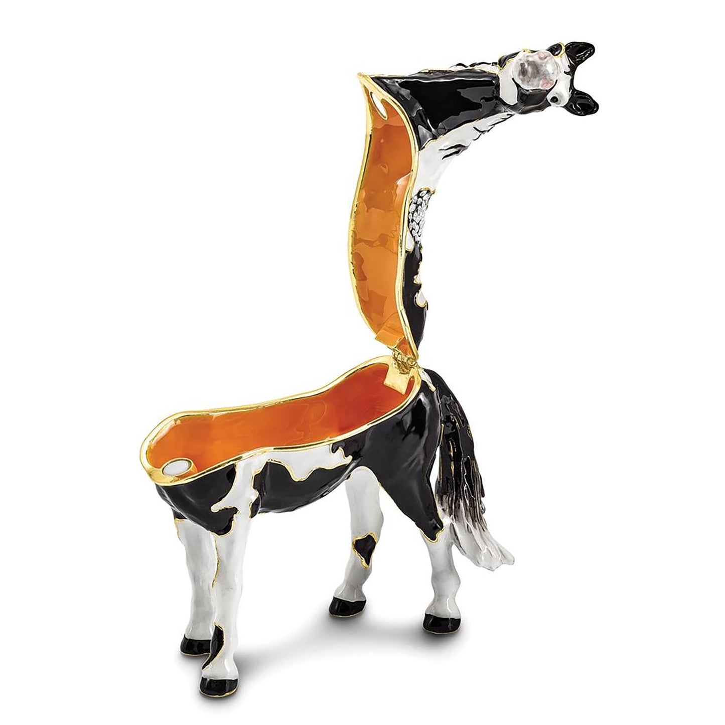 Pewter Bejeweled Crystals Gold-Tone Enameled Alpha Paint Horse Trinket Container Bejeweled Trinket Box with Matching 18 Inch Necklace, Hand Painted Enameled Collectible Gift