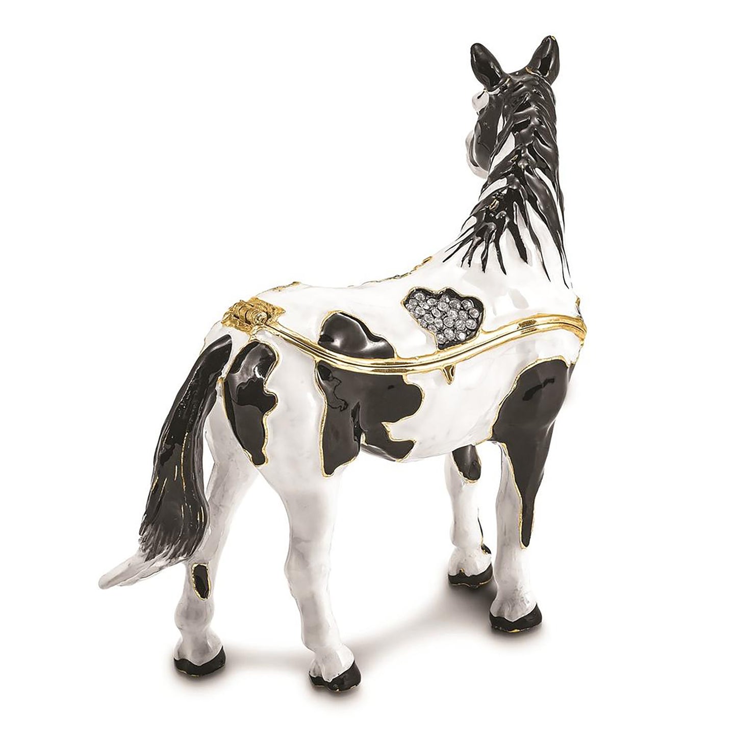 Pewter Bejeweled Crystals Gold-Tone Enameled Alpha Paint Horse Trinket Container Bejeweled Trinket Box with Matching 18 Inch Necklace, Hand Painted Enameled Collectible Gift