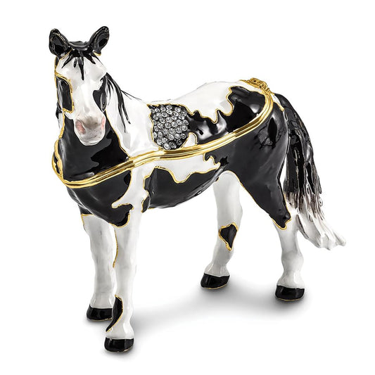Pewter Bejeweled Crystals Gold-Tone Enameled Alpha Paint Horse Trinket Container Bejeweled Trinket Box with Matching 18 Inch Necklace, Hand Painted Enameled Collectible Gift