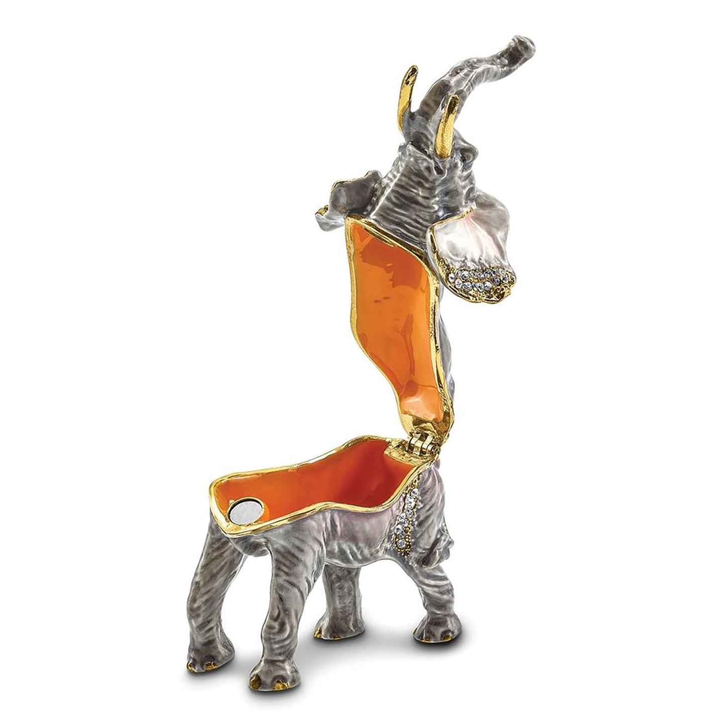 Pewter Bejeweled Crystals Gold-Tone Enameled Morrison Elephant Trinket Container Bejeweled Trinket Box with Matching 18 Inch Necklace, Hand Painted Enameled Collectible Gift