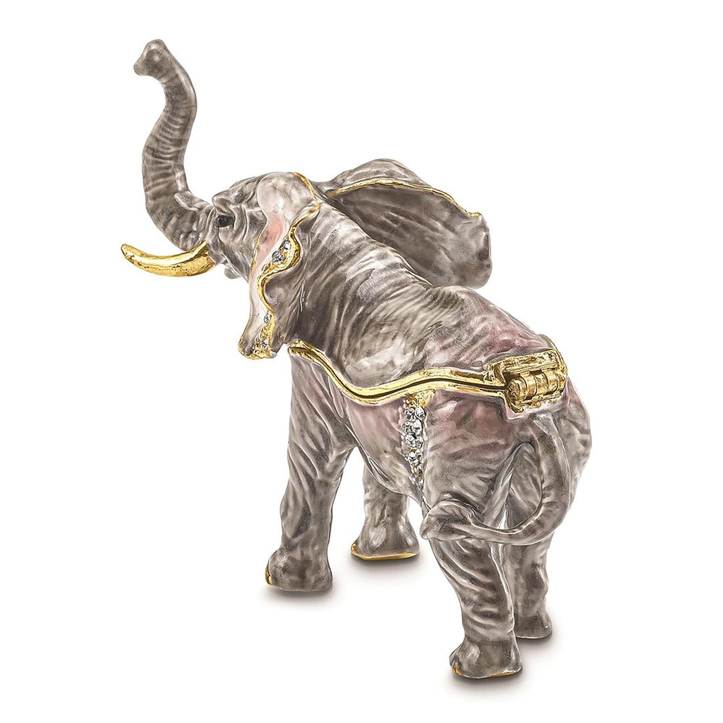 Pewter Bejeweled Crystals Gold-Tone Enameled Morrison Elephant Trinket Container Bejeweled Trinket Box with Matching 18 Inch Necklace, Hand Painted Enameled Collectible Gift