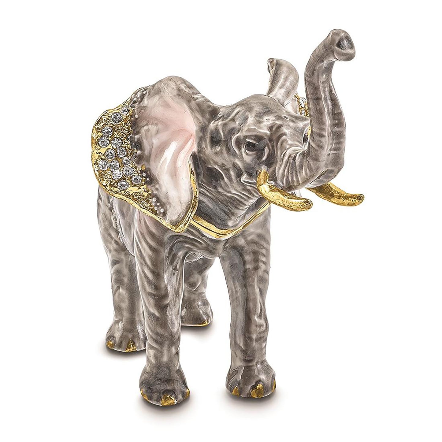 Pewter Bejeweled Crystals Gold-Tone Enameled Morrison Elephant Trinket Container Bejeweled Trinket Box with Matching 18 Inch Necklace, Hand Painted Enameled Collectible Gift