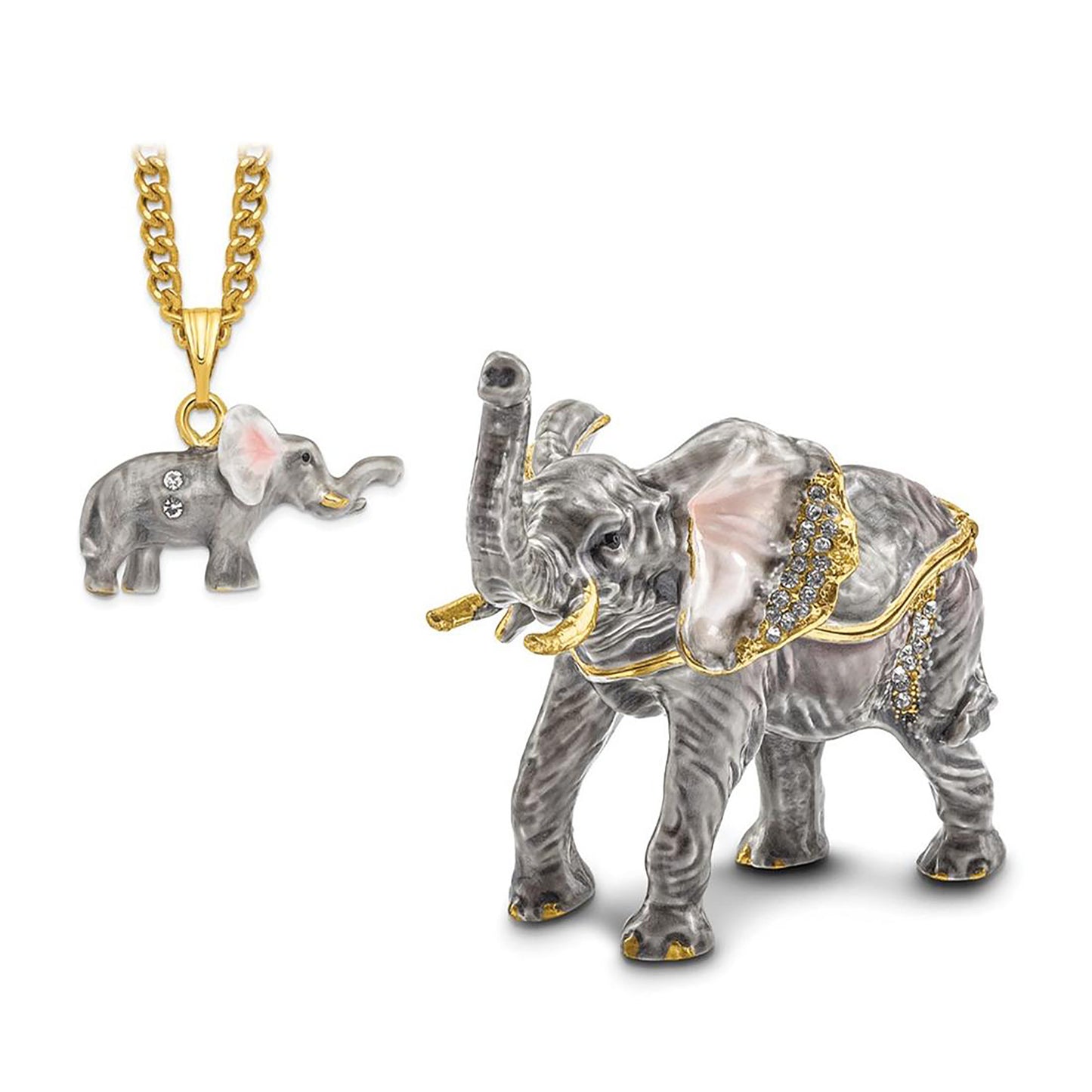 Pewter Bejeweled Crystals Gold-Tone Enameled Morrison Elephant Trinket Container Bejeweled Trinket Box with Matching 18 Inch Necklace, Hand Painted Enameled Collectible Gift