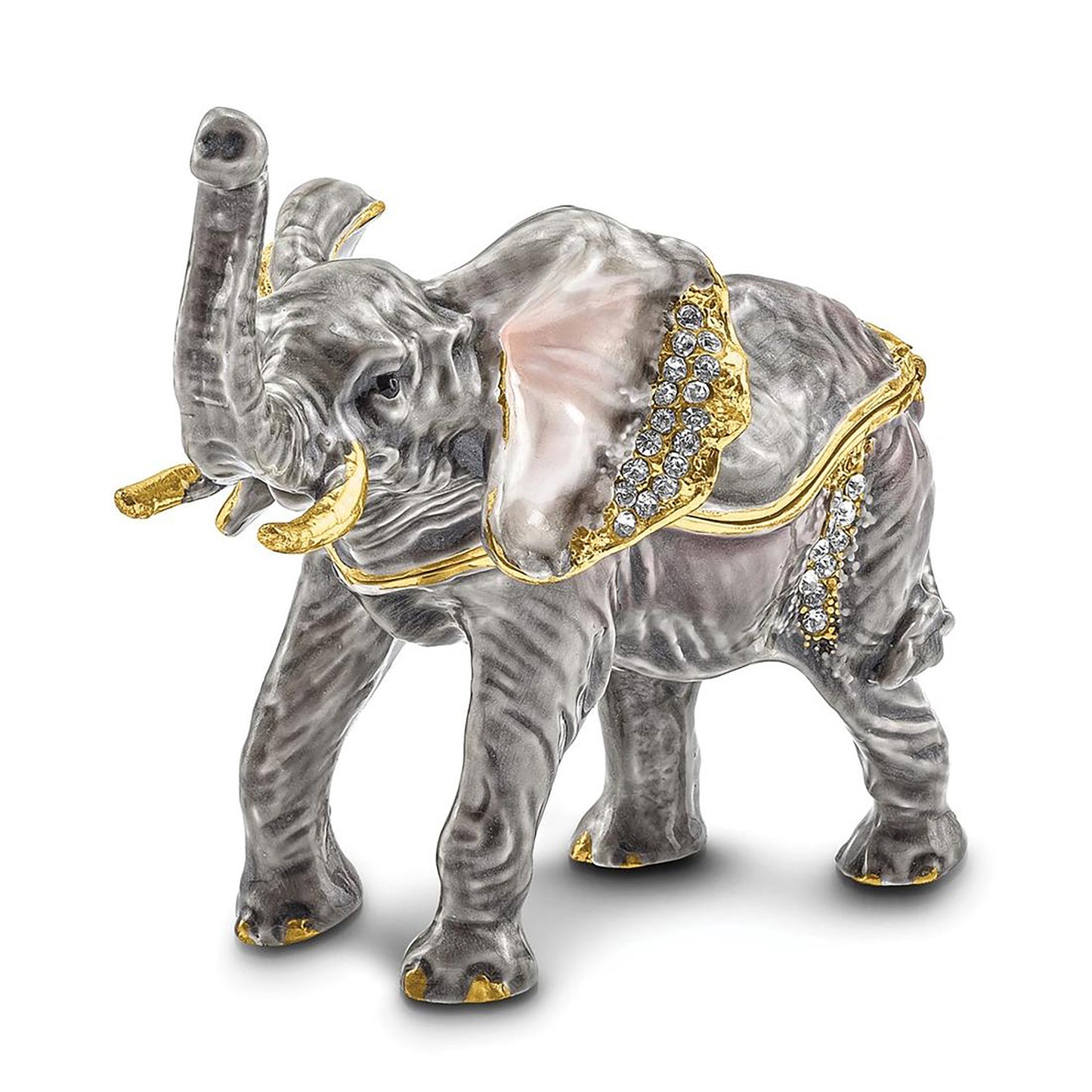 Pewter Bejeweled Crystals Gold-Tone Enameled Morrison Elephant Trinket Container Bejeweled Trinket Box with Matching 18 Inch Necklace, Hand Painted Enameled Collectible Gift