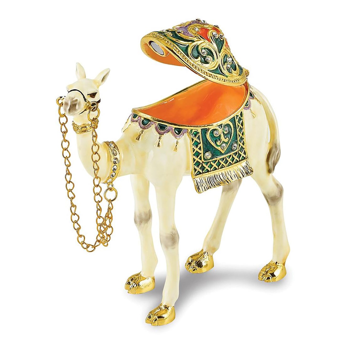 Pewter Bejeweled Crystals Gold-Tone Enameled Faisal White Camel Trinket Container Bejeweled Trinket Box with Matching 18 Inch Necklace, Hand Painted Enameled Collectible Gift