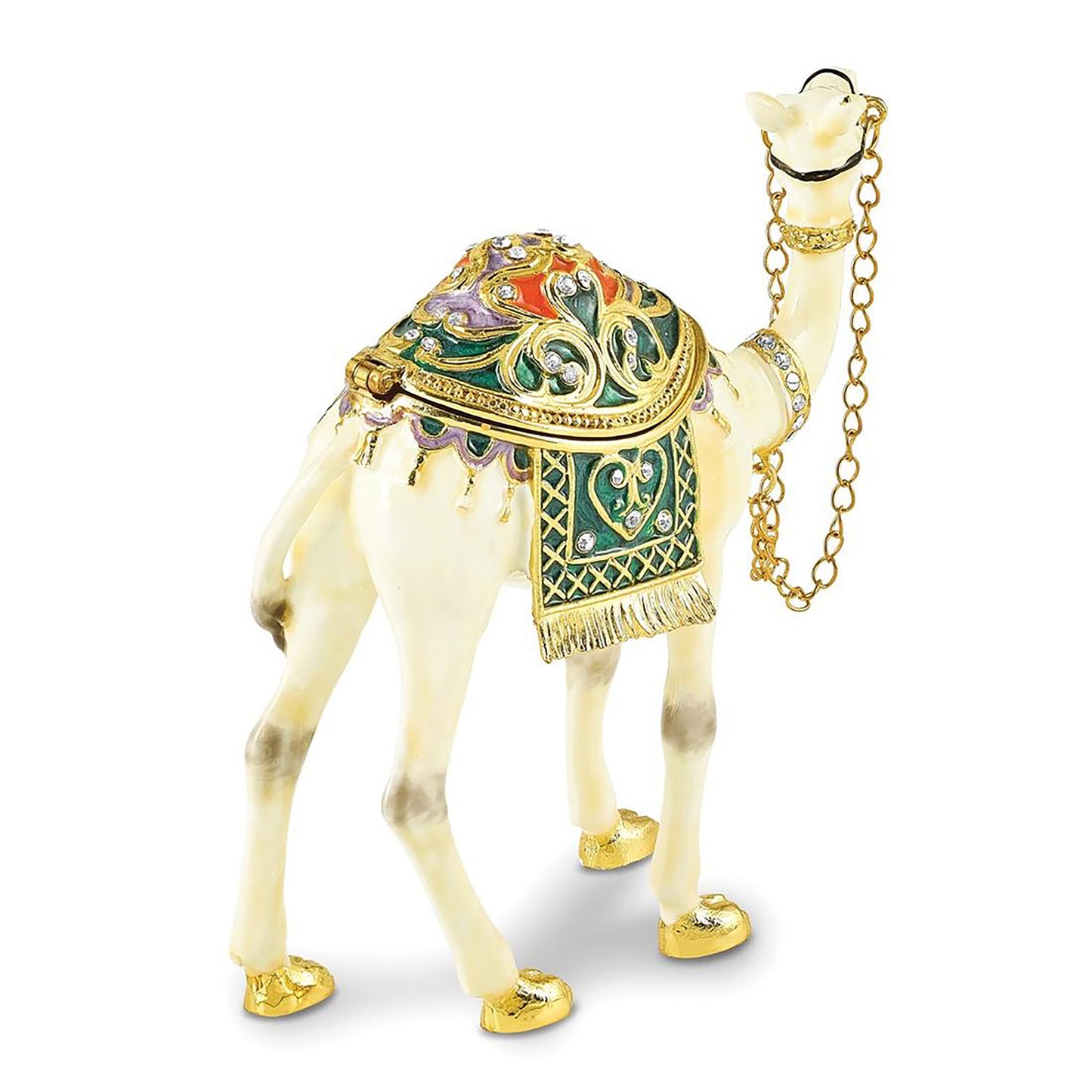 Pewter Bejeweled Crystals Gold-Tone Enameled Faisal White Camel Trinket Container Bejeweled Trinket Box with Matching 18 Inch Necklace, Hand Painted Enameled Collectible Gift