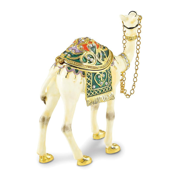 Jere Luxury Giftware Pewter Bejeweled Crystals Gold-Tone Enameled Faisal White Camel Trinket Container w Matching 18 Inch Necklace