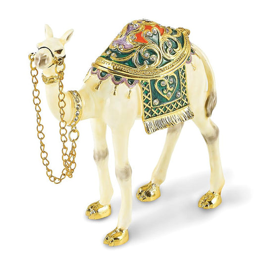 Pewter Bejeweled Crystals Gold-Tone Enameled Faisal White Camel Trinket Container Bejeweled Trinket Box with Matching 18 Inch Necklace, Hand Painted Enameled Collectible Gift