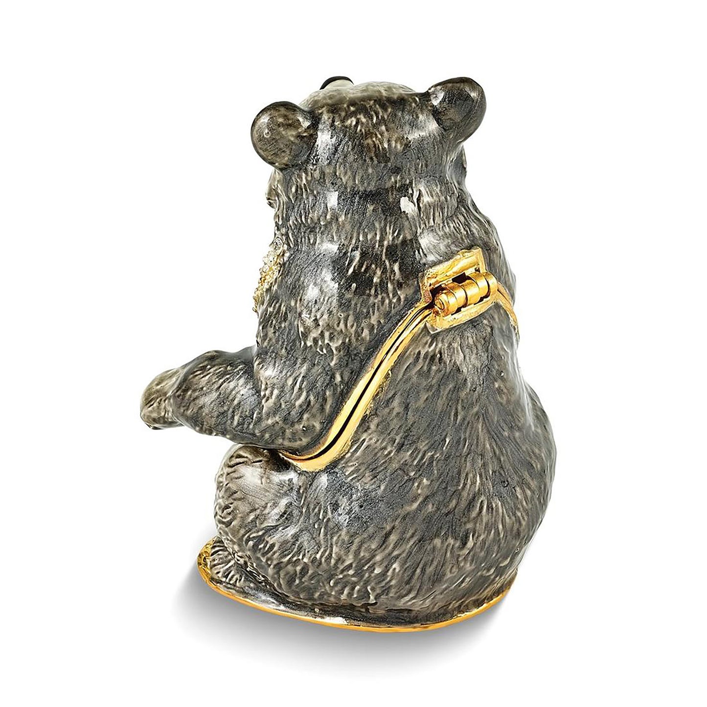 Pewter Bejeweled Crystals Gold-Tone Enameled Betty Black And Grey Bear Trinket Container Bejeweled Trinket Box with Matching 18 Inch Necklace, Hand Painted Enameled Collectible Gift