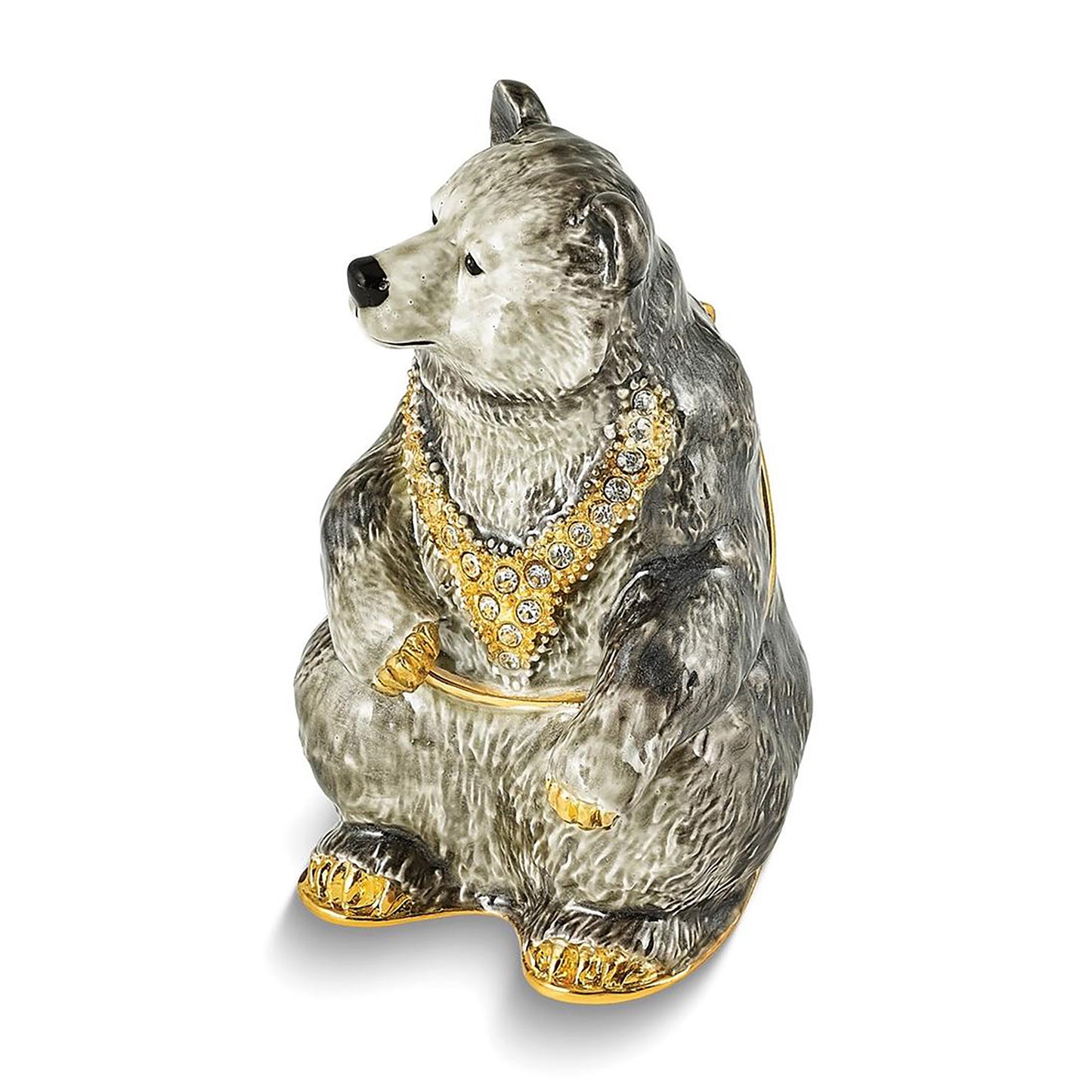 Pewter Bejeweled Crystals Gold-Tone Enameled Betty Black And Grey Bear Trinket Container Bejeweled Trinket Box with Matching 18 Inch Necklace, Hand Painted Enameled Collectible Gift