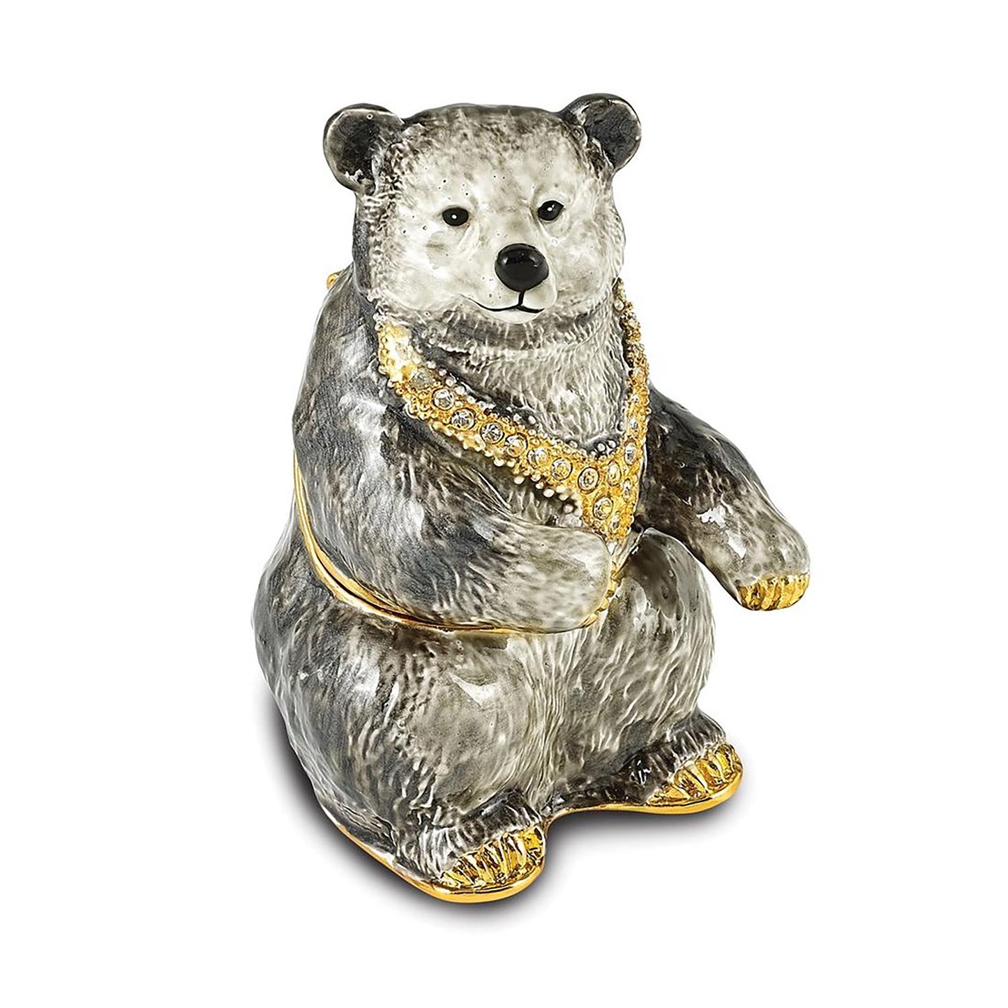 Pewter Bejeweled Crystals Gold-Tone Enameled Betty Black And Grey Bear Trinket Container Bejeweled Trinket Box with Matching 18 Inch Necklace, Hand Painted Enameled Collectible Gift