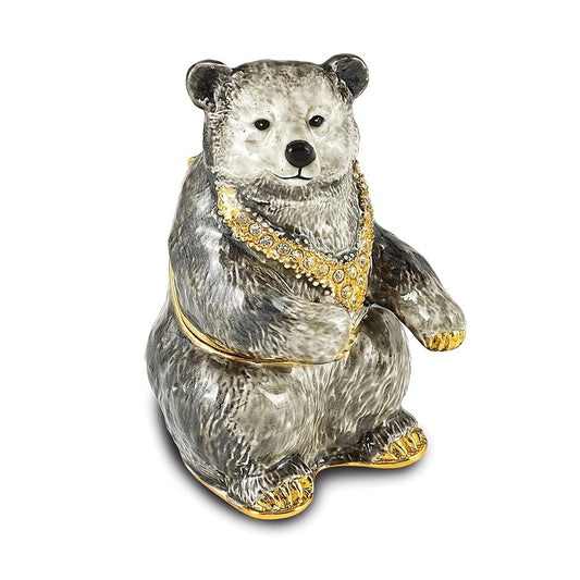 Pewter Bejeweled Crystals Gold-Tone Enameled Betty Black And Grey Bear Trinket Container Bejeweled Trinket Box with Matching 18 Inch Necklace, Hand Painted Enameled Collectible Gift