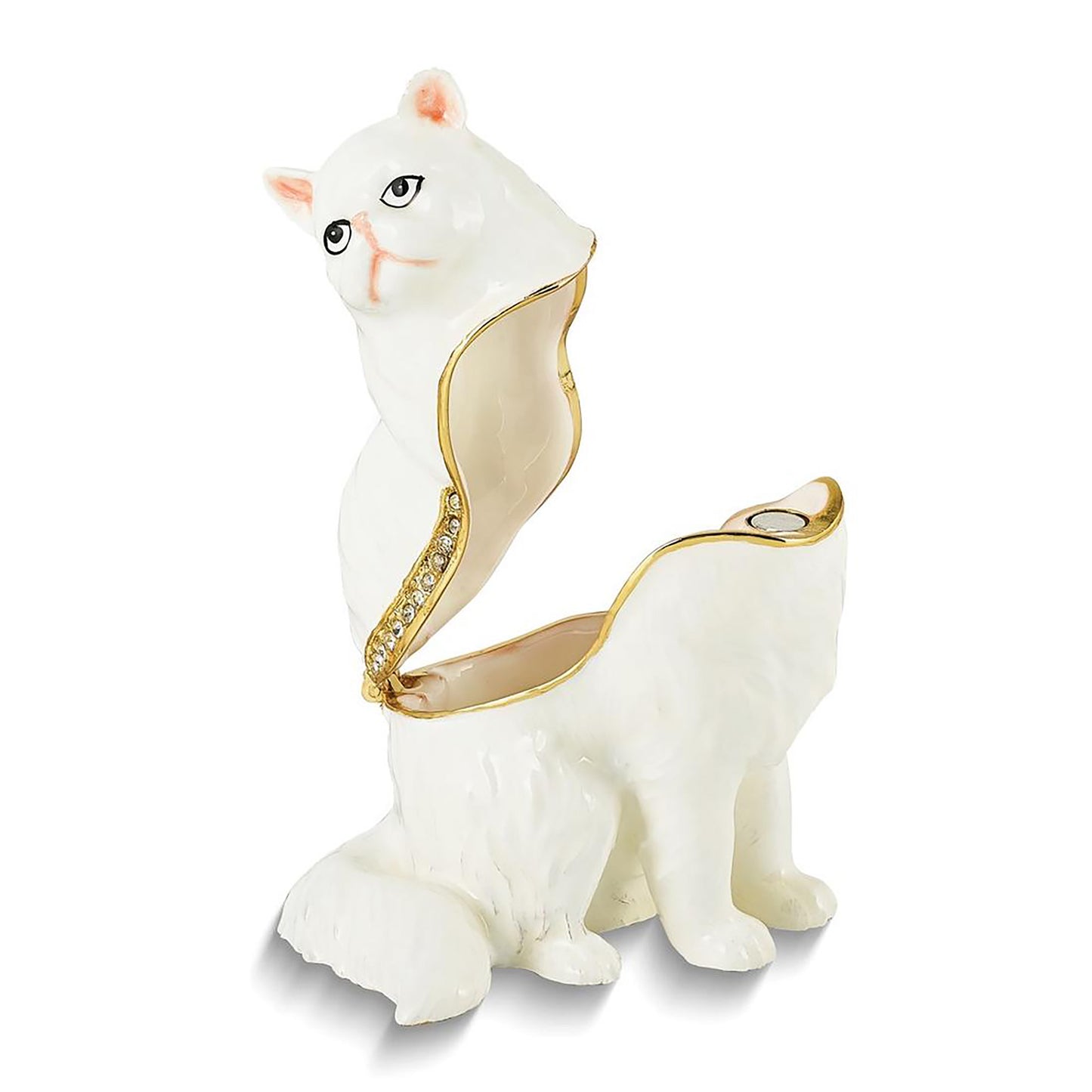 Pewter Bejeweled Crystals Gold-Tone Enameled Missy White Cat Trinket Container Bejeweled Trinket Box with Matching 18 Inch Necklace, Hand Painted Enameled Collectible Gift