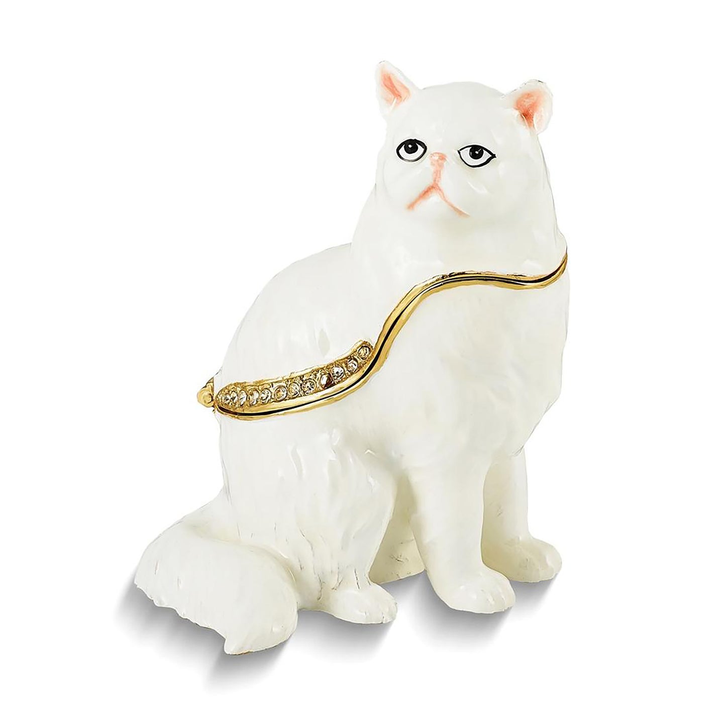 Pewter Bejeweled Crystals Gold-Tone Enameled Missy White Cat Trinket Container Bejeweled Trinket Box with Matching 18 Inch Necklace, Hand Painted Enameled Collectible Gift