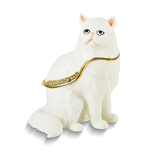 Pewter Bejeweled Crystals Gold-Tone Enameled Missy White Cat Trinket Container Bejeweled Trinket Box with Matching 18 Inch Necklace, Hand Painted Enameled Collectible Gift