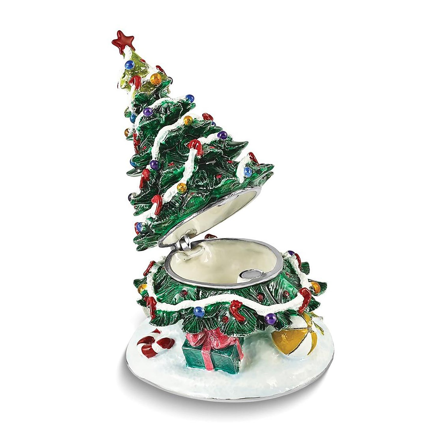 Pewter Bejeweled Crystals Silver-Tone Enameled Nostalgia Christmas Tree Trinket Container Bejeweled Trinket Box with Matching 18 Inch Necklace, Hand Painted Enameled Collectible Gift