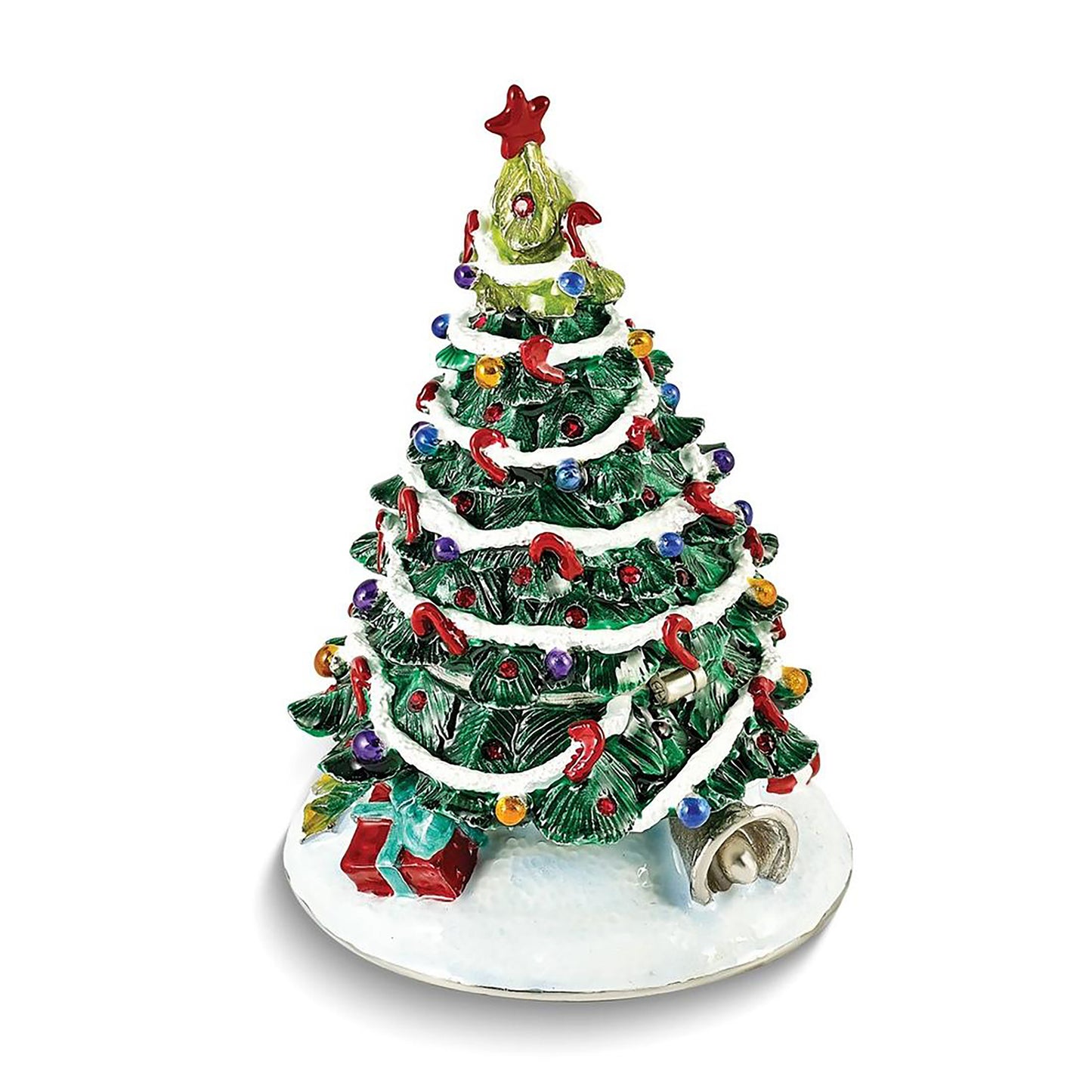 Pewter Bejeweled Crystals Silver-Tone Enameled Nostalgia Christmas Tree Trinket Container Bejeweled Trinket Box with Matching 18 Inch Necklace, Hand Painted Enameled Collectible Gift