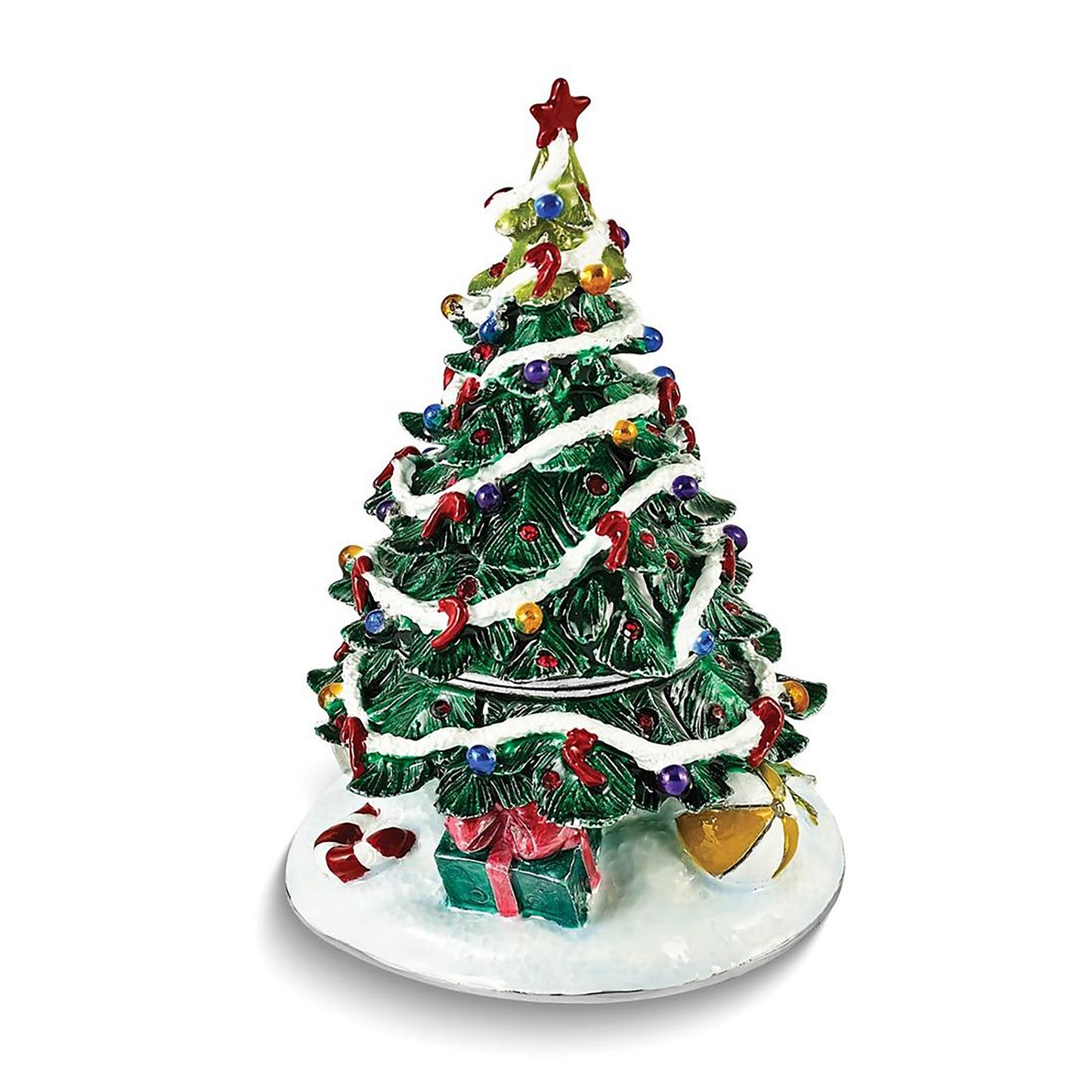 Pewter Bejeweled Crystals Silver-Tone Enameled Nostalgia Christmas Tree Trinket Container Bejeweled Trinket Box with Matching 18 Inch Necklace, Hand Painted Enameled Collectible Gift