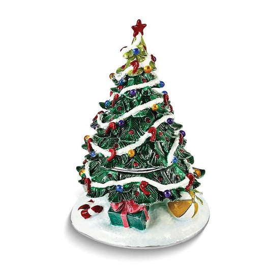 Pewter Bejeweled Crystals Silver-Tone Enameled Nostalgia Christmas Tree Trinket Container Bejeweled Trinket Box with Matching 18 Inch Necklace, Hand Painted Enameled Collectible Gift