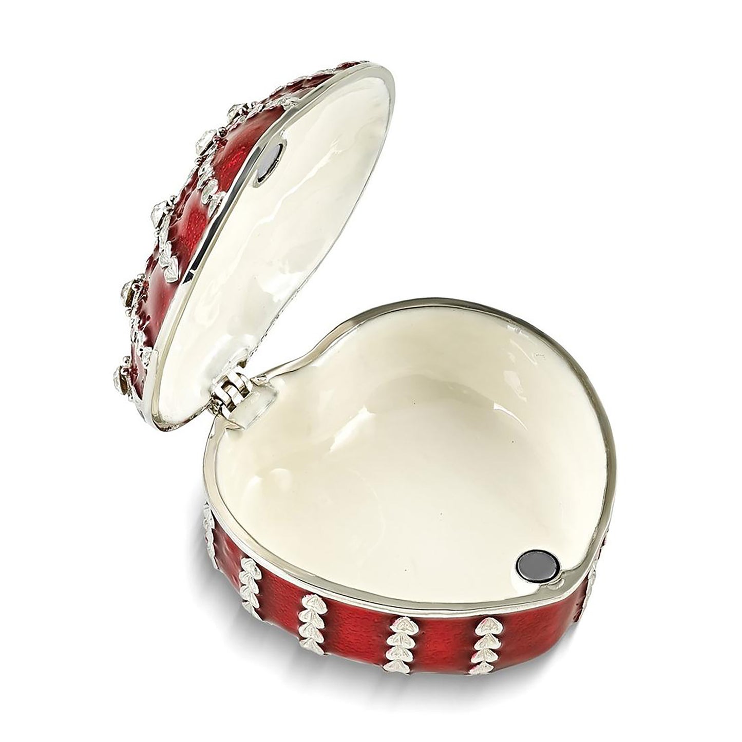 Pewter Bejeweled Crystals Silver-Tone Enameled Valentine Heart Trinket Container Bejeweled Trinket Box with Matching 18 Inch Necklace, Hand Painted Enameled Collectible Gift